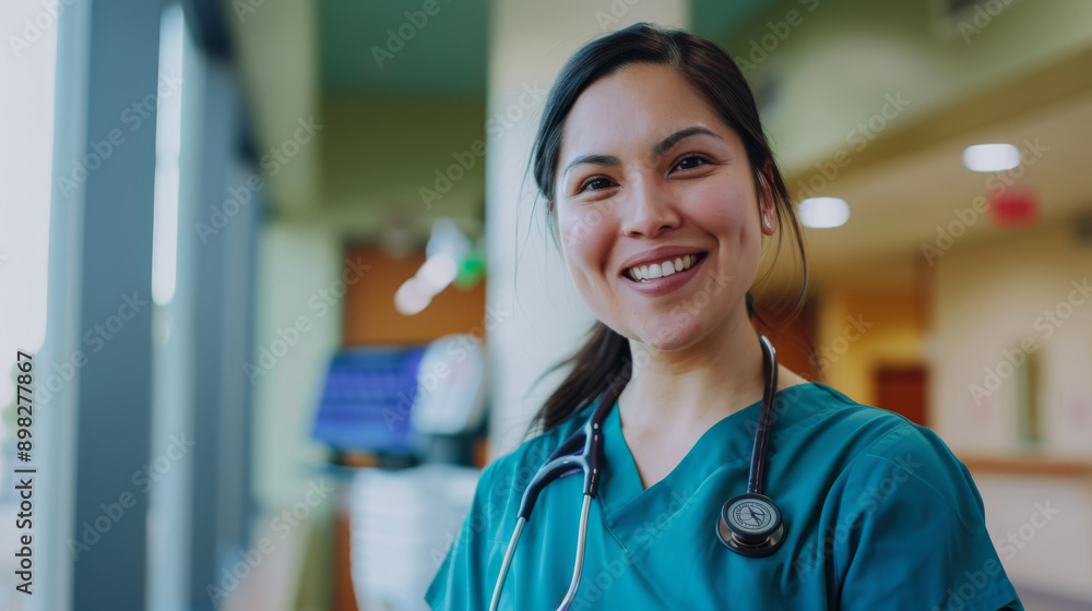 A cheerful medical professional in green scrubs smiles brightly in a hospital corridor, radiating warmth and compassion in her workplace. A cheerful medical professional in green scrubs smiles brightly in a hospital corridor, radiating warmth and compassion in her workplace.