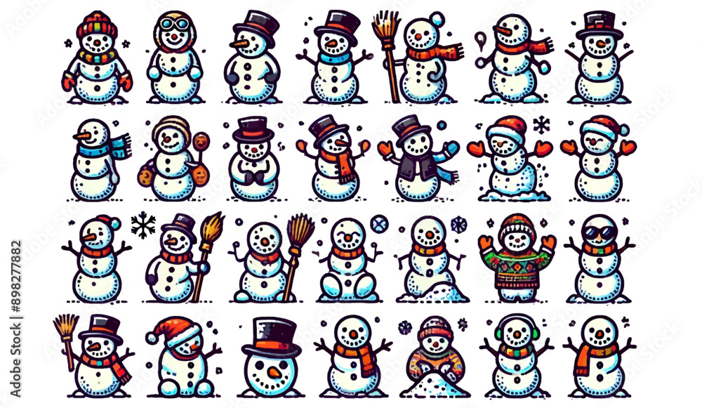 Various Snowmen in Different Poses and Outfits for Winter and Christmas Various Snowmen in Different Poses and Outfits for Winter and Christmas