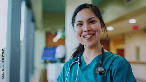 A cheerful medical professional in green scrubs smiles brightly in a hospital corridor, radiating warmth and compassion in her workplace. Free Download A cheerful medical professional in green scrubs smiles brightly in a hospital corridor, radiating warmth and compassion in her workplace. - GFXLoad
