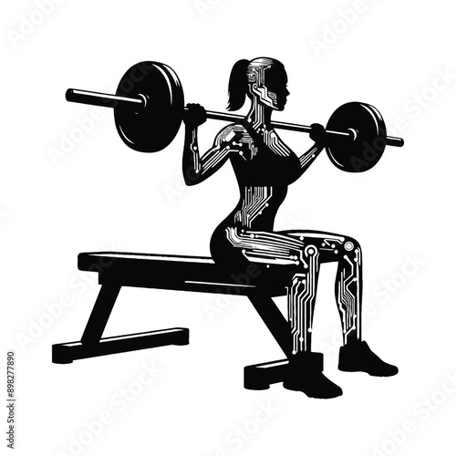 Bench press, weight lifting   female player in cyberpunk pattern illustration, emblem shield badge