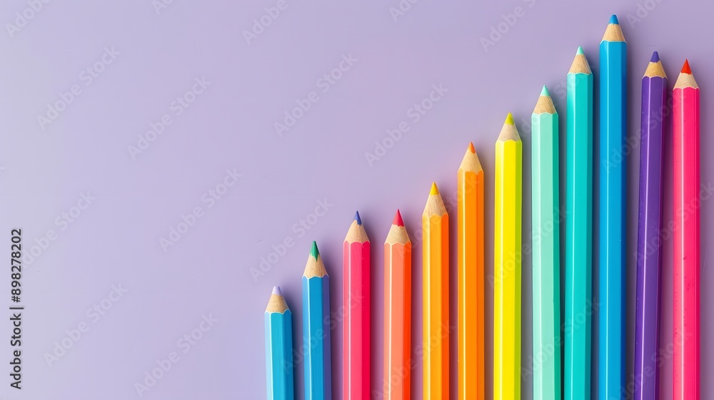 Colorful Pencils Arranged in a Row on a Purple Background. Colorful Pencils Arranged in a Row on a Purple Background.