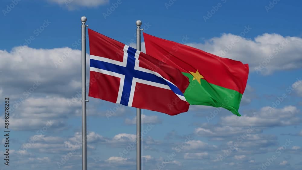 Burkina Faso and Norway flags flying together, video concept of the relationship, two country relations concept Burkina Faso and Norway flags flying together, video concept of the relationship, two country relations concept
