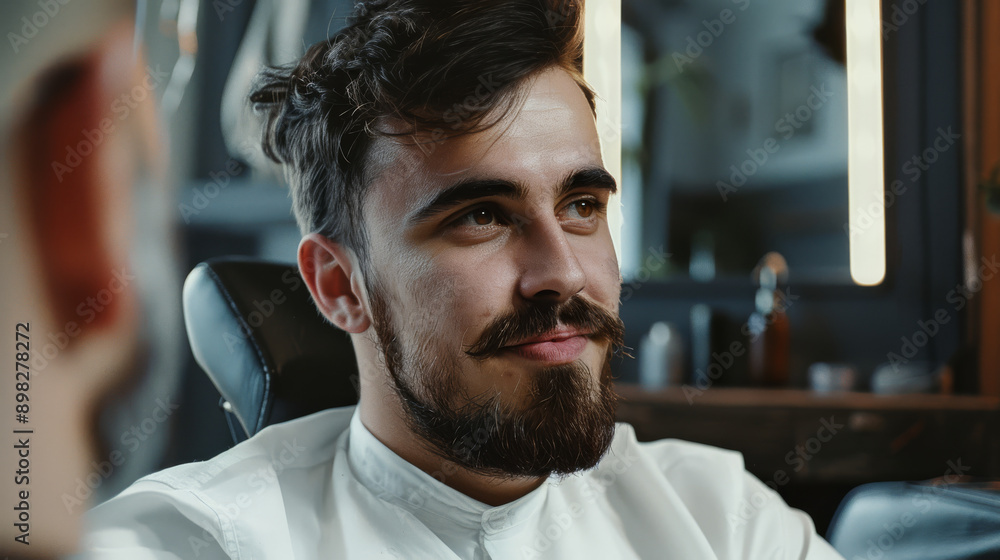 Obraz premium A young man with a stylish beard and a content expression sits comfortably in a modern setting, exuding confidence and ease.