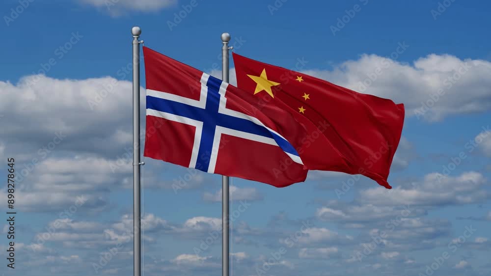China and Norway flags flying together, video concept of the relationship, two country relations concept China and Norway flags flying together, video concept of the relationship, two country relations concept