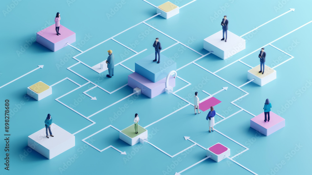Abstract representation of teamwork and networking using small figures on connected platforms, demonstrating collaboration and interconnectedness. Abstract representation of teamwork and networking using small figures on connected platforms, demonstrating collaboration and interconnectedness.