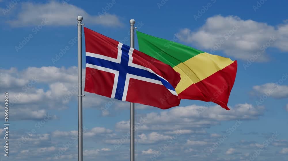 Republic of the Congo and Norway flags flying together, video concept of the relationship, two country relations concept Republic of the Congo and Norway flags flying together, video concept of the relationship, two country relations concept