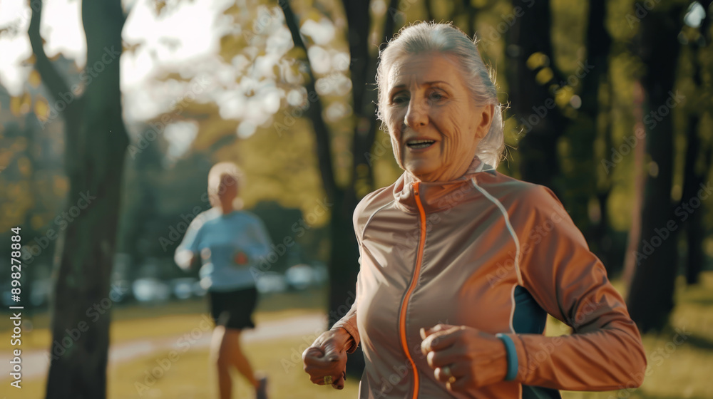 Obraz premium An elderly woman jogs in a park on a sunny day, exuding energy and joy with another jogger seen in the background.