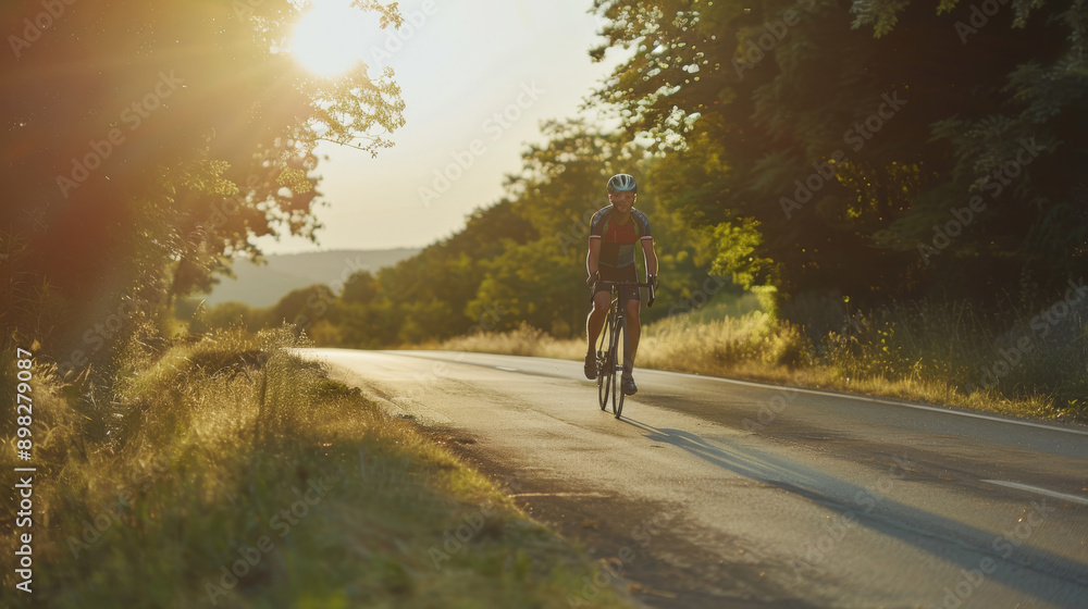 Fototapeta premium A cyclist rides solo on a sunlit road surrounded by trees and fields, enjoying the serene countryside views during golden hour.