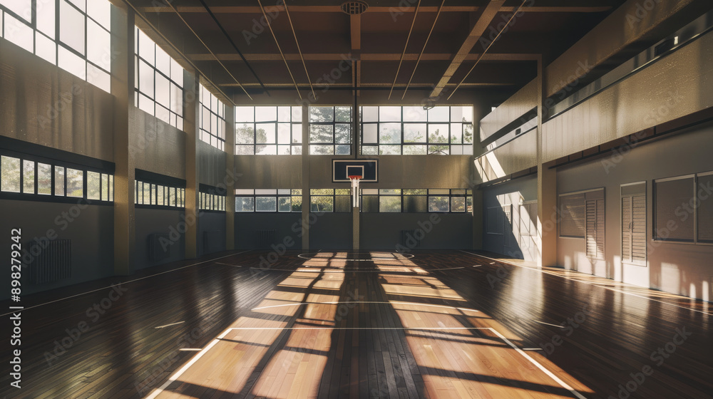 Obraz premium Sunlight streams through large windows into an empty indoor basketball court, creating a serene and contemplative atmosphere.