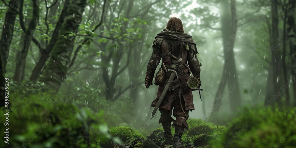 An adventurer in leather armor, armed with a compass and a trusty sword, walks through a dense forest. An adventurer in leather armor, armed with a compass and a trusty sword, walks through a dense forest.