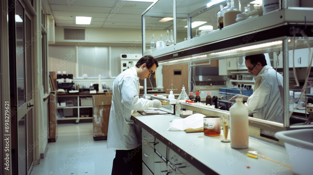 Lab technicians in white coats work meticulously at their stations, surrounded by scientific equipment and materials distinctive of a bustling laboratory environment. Lab technicians in white coats work meticulously at their stations, surrounded by scientific equipment and materials distinctive of a bustling laboratory environment.