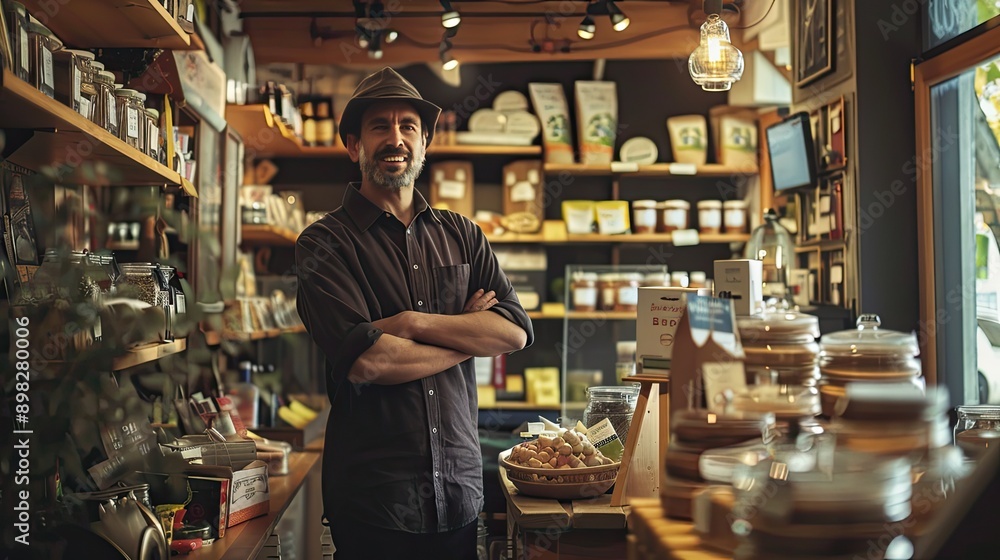 A smiling man with arms crossed stands in a shop filled with jars and products A smiling man with arms crossed stands in a shop filled with jars and products