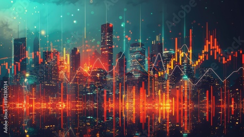Nighttime Cityscape with Overlayed Stock Market Charts