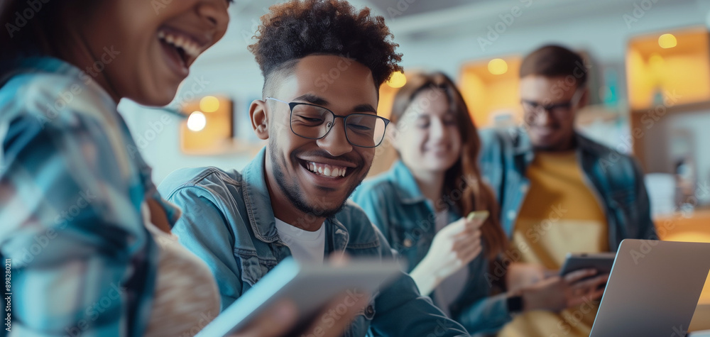Obraz premium A group of young professionals in an office setting were gathered around one person who was presenting on their tablet to another individual sitting down and smiling at them