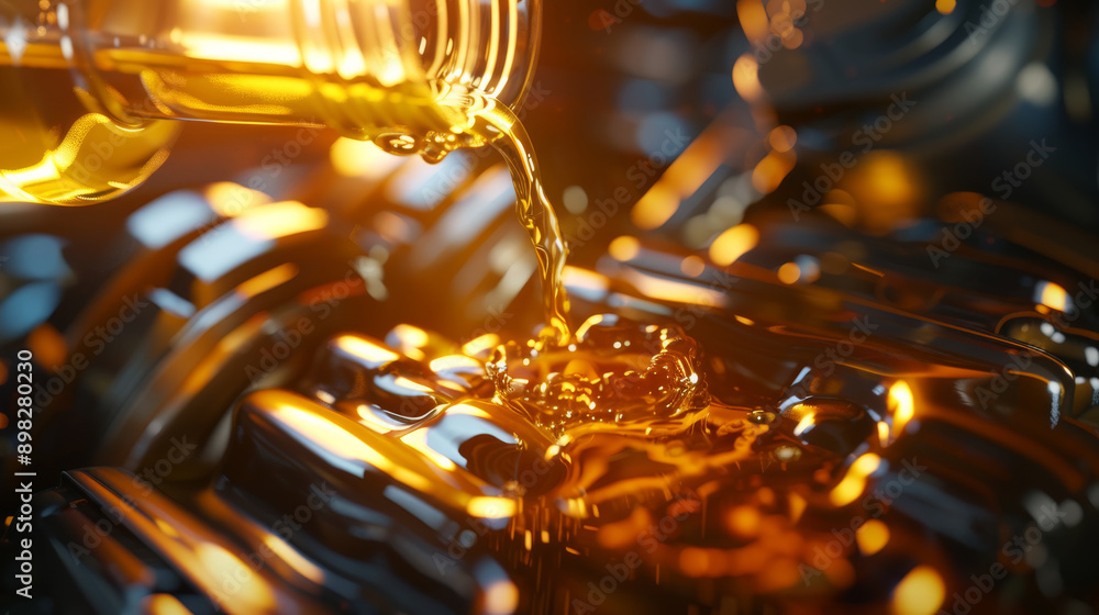Golden engine oil pours gracefully over engine parts, reflecting light and creating a sense of fluid motion and mechanical beauty. Golden engine oil pours gracefully over engine parts, reflecting light and creating a sense of fluid motion and mechanical beauty.