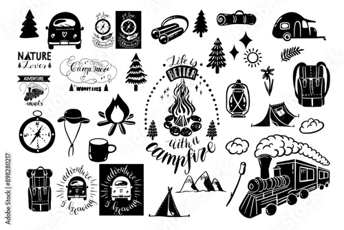 Hand drawn camping elements set. Lettering. Perfect for prints, poster, trip, travel card. Doodle vector illustration.