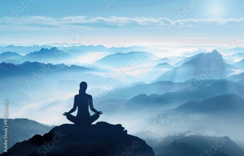 A person meditates on a mountain peak overlooking a vast, serene landscape of mist-covered mountains.