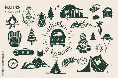 Hand drawn camping elements set. Lettering. Perfect for prints, poster, trip, travel card. Doodle vector illustration.