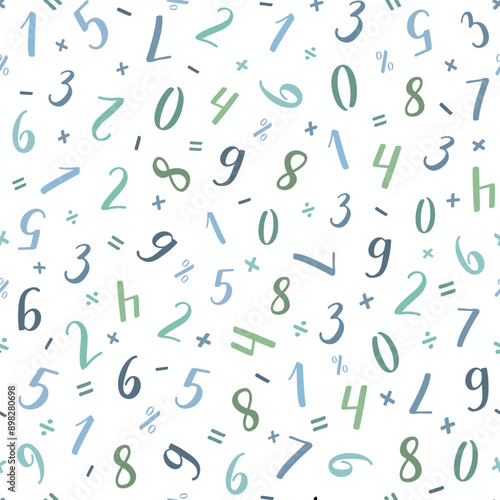 Numeral vector seamless pattern. Handwritten lettering modern brush calligraphy. Hand-drawn figures 1, 2, 3, 4, 5, 6, 7, 8, 9, 0 and mathematical symbols. Blue green numbers with thick and thin lines.