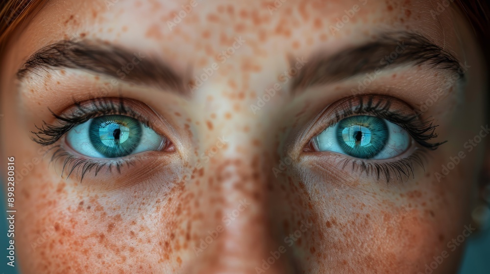 Close-up of a woman's face adorned with numerous freckles and striking blue eyes Close-up of a woman's face adorned with numerous freckles and striking blue eyes