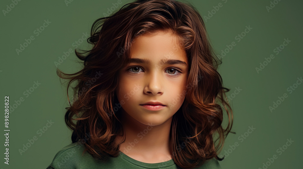 Portrait of a cute happy Hispanic Latino boy child with long hair and perfect skin, light green background, banner. Portrait of a cute happy Hispanic Latino boy child with long hair and perfect skin, light green background, banner.