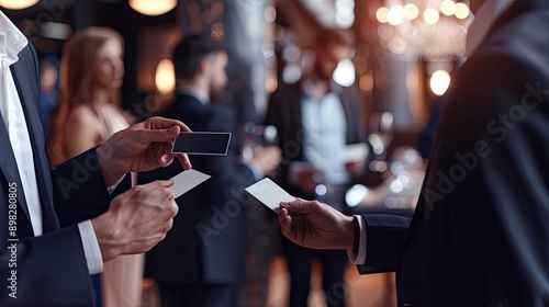 Man in a Suit Exchanging Business Cards with Another Man at a Formal Event