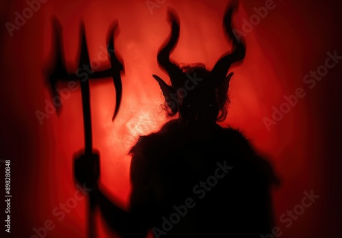 Silhouette of a horned figure against a fiery red background, creating a dark and eerie atmosphere.