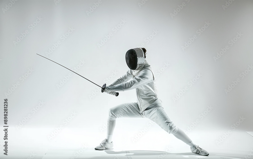 A fencer in white and mask A fencer in white and mask