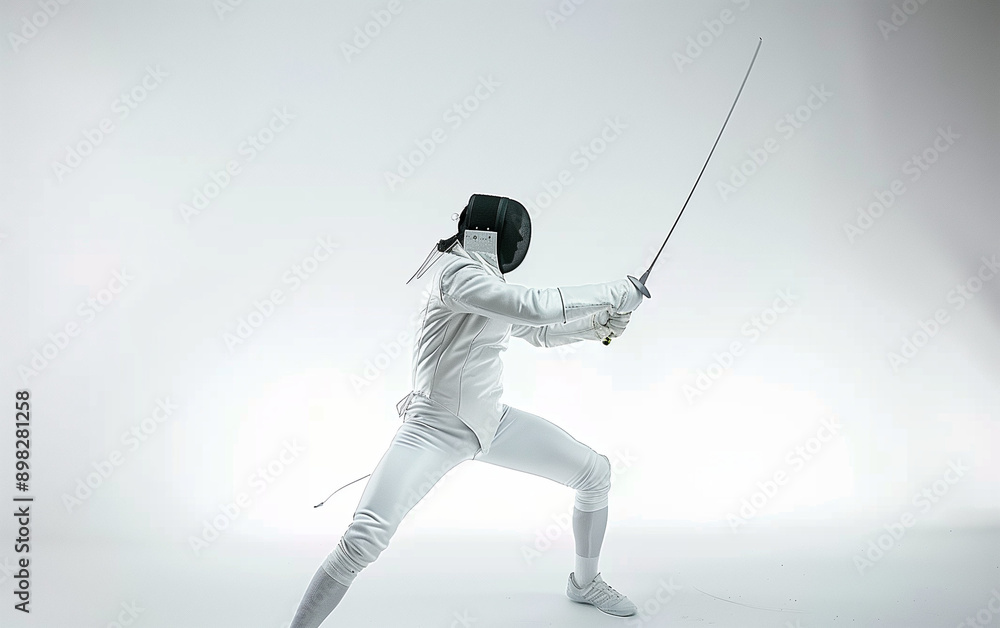 A fencer in white and mask A fencer in white and mask