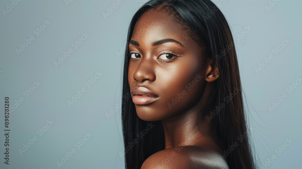A beautiful woman with smooth, glowing skin, looking over her shoulder with a confident, serene expression. A beautiful woman with smooth, glowing skin, looking over her shoulder with a confident, serene expression.