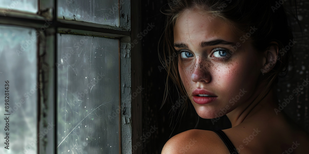 Fototapeta premium A young woman with piercing blue eyes, wearing a simple black dress, gazing thoughtfully out of a grimy window.
