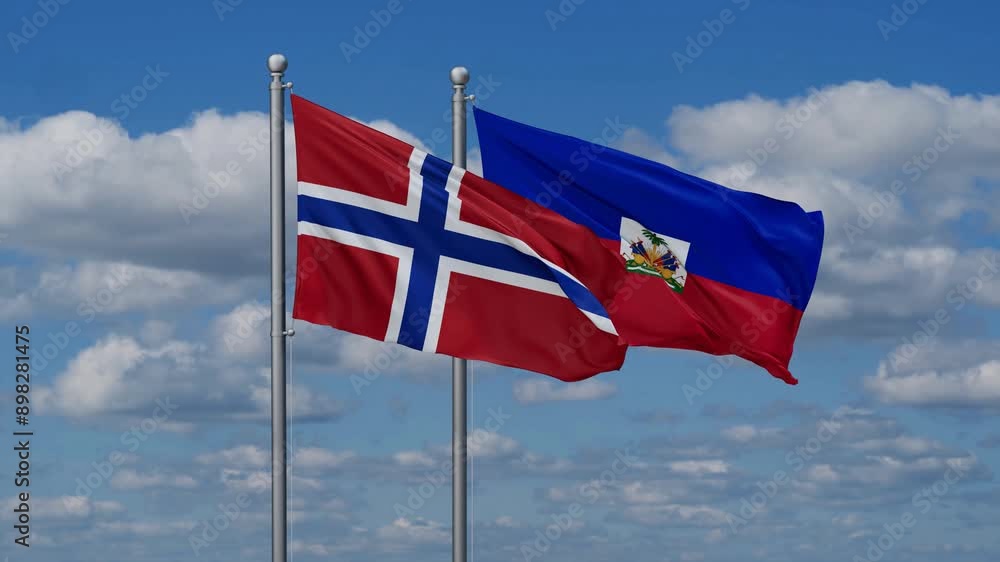 Haiti and Norway flags flying together, video concept of the relationship, two country relations concept Haiti and Norway flags flying together, video concept of the relationship, two country relations concept