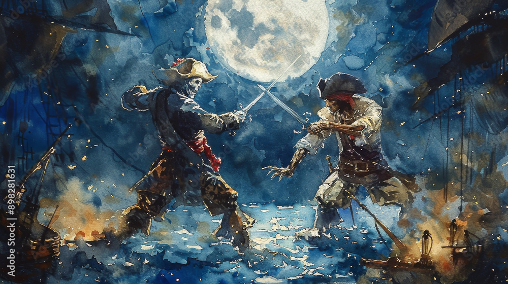 Naklejka premium Two pirates are fighting in the water with swords