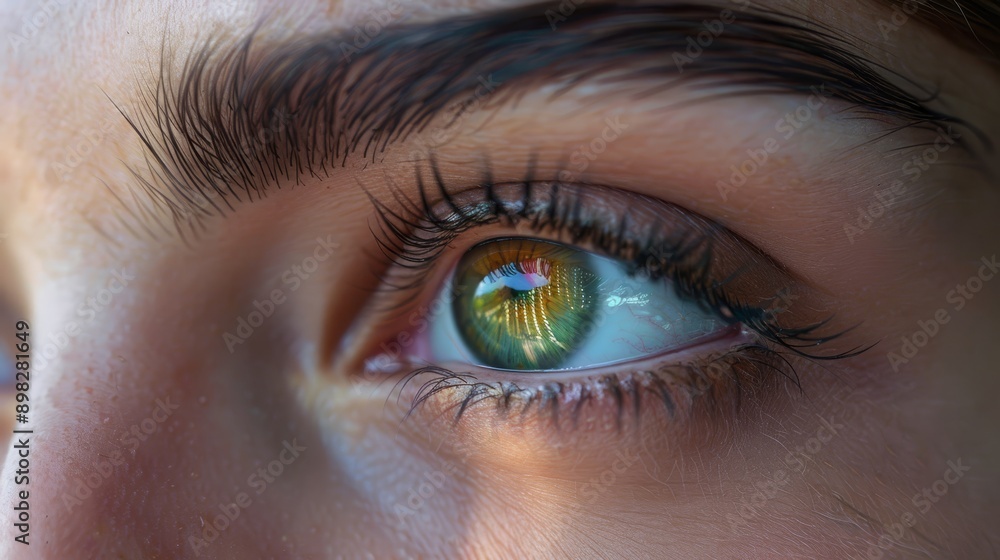 Obraz premium A tight shot of an eye, its iris mirroring a building's architecture