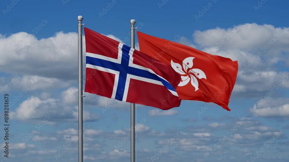 Hong Kong and Norway flags flying together, video concept of the relationship, two country relations concept Hong Kong and Norway flags flying together, video concept of the relationship, two country relations concept
