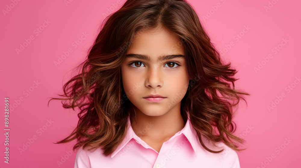 Portrait of a cute happy Hispanic latino boy child with long hair and perfect skin, pink background, banner. Portrait of a cute happy Hispanic latino boy child with long hair and perfect skin, pink background, banner.