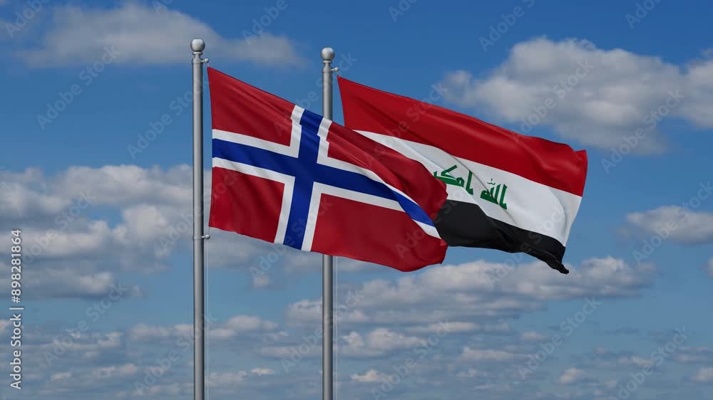 Iraq and Norway two flags waving together on blue sky, video concept of the relationship Iraq and Norway two flags waving together on blue sky, video concept of the relationship