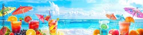 A variety of tropical cocktails with fruit garnishes and paper umbrellas are arranged on a beach with a blue ocean backdrop. Generative AI