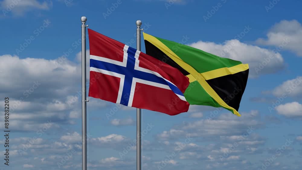 Jamaica and Norway flags flying together, video concept of the relationship, two country cooperation concept Jamaica and Norway flags flying together, video concept of the relationship, two country cooperation concept