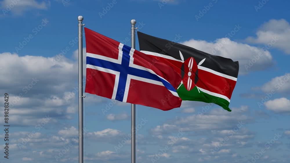 Kenya and Norway flags flying together, video concept of the relationship, two country relations concept Kenya and Norway flags flying together, video concept of the relationship, two country relations concept