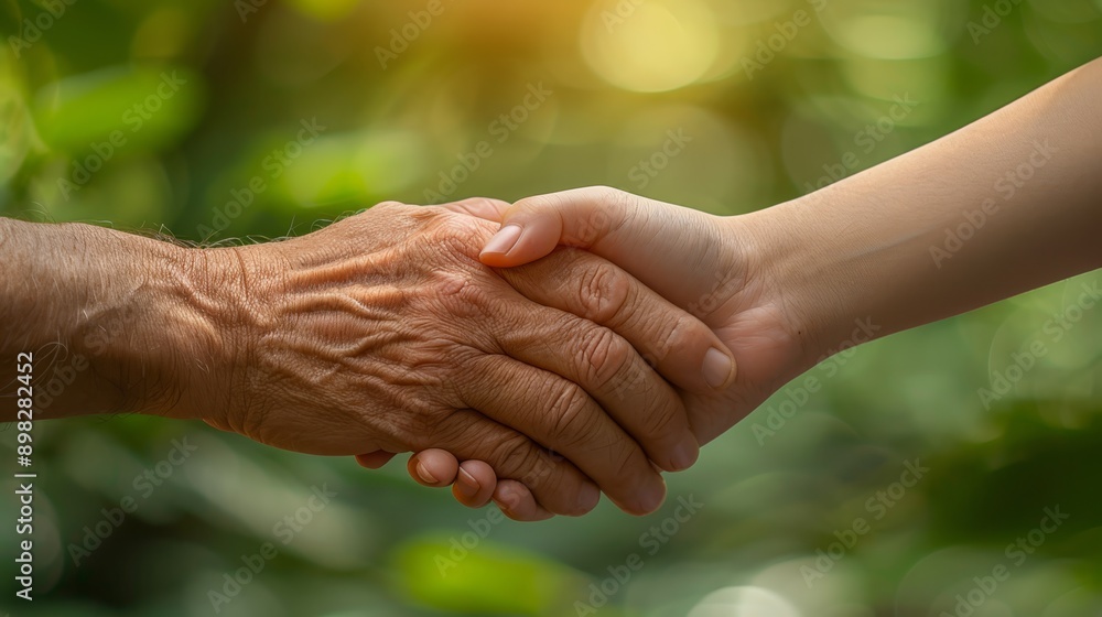 A person's hand holding another's against a green backdrop of sunlit, leafy foliage A person's hand holding another's against a green backdrop of sunlit, leafy foliage