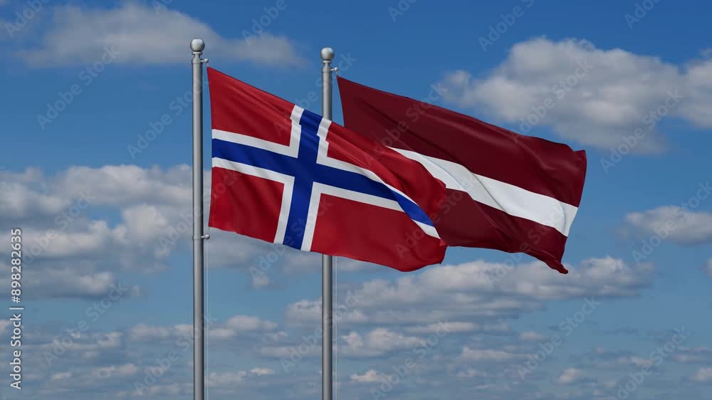 Latvia and Norway flags flying together, video concept of the relationship, two country cooperation concept Latvia and Norway flags flying together, video concept of the relationship, two country cooperation concept