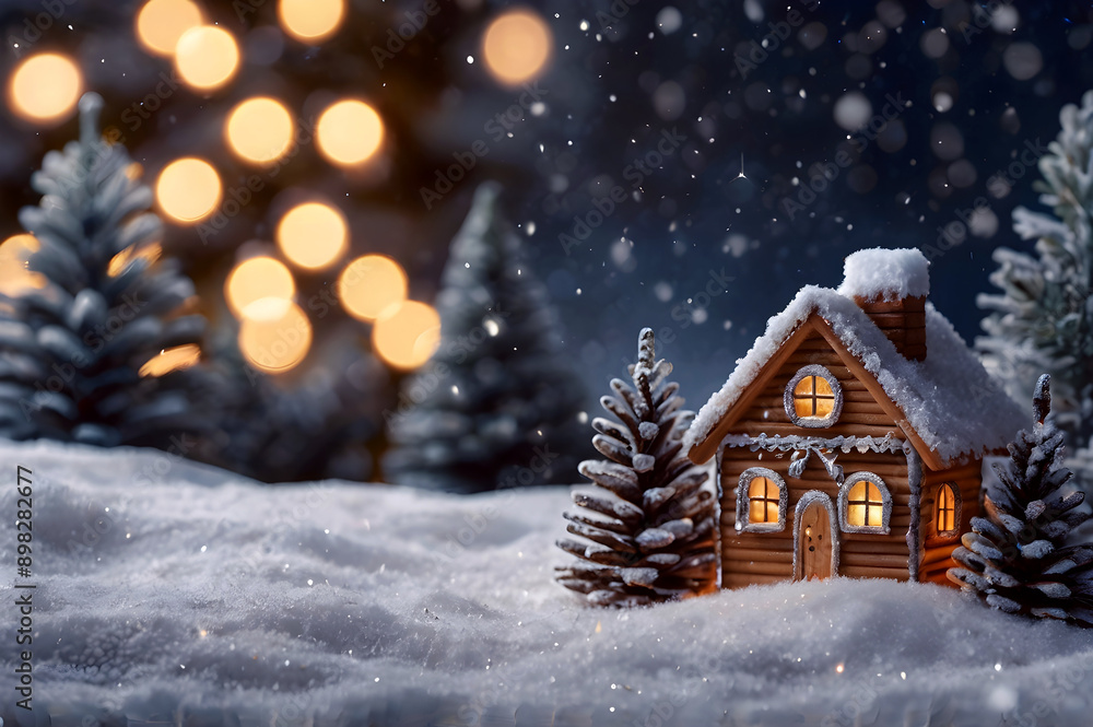 Christmas and new year postcard with illuminated miniature cosy village house, cottage, fir, pine trees, snow at night, blurred glowing bokeh, magic festive background, greeting card, copy space. Christmas and new year postcard with illuminated miniature cosy village house, cottage, fir, pine trees, snow at night, blurred glowing bokeh, magic festive background, greeting card, copy space.