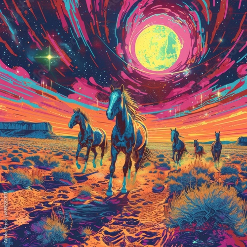 Ethereal Gallop: Holographic Horses in Neon Desert Sky