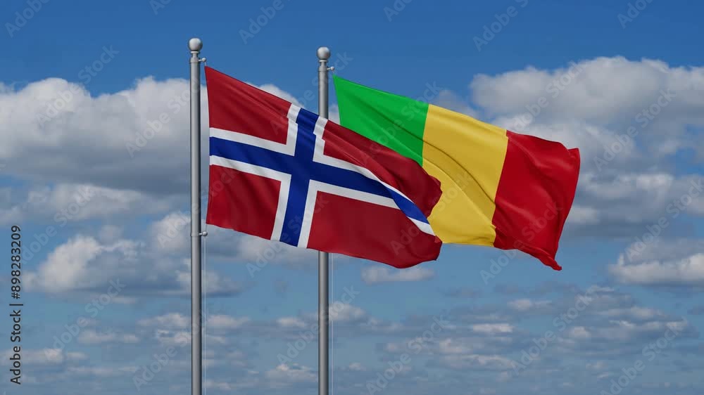 Mali and Norway flags waving together, video concept of the relationship, two country relations concept Mali and Norway flags waving together, video concept of the relationship, two country relations concept