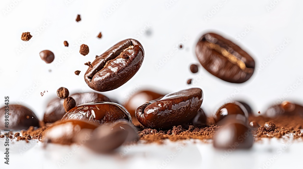 Coffee beans in motion with fragments and granules appearing to float, set against a clean white background. Coffee beans in motion with fragments and granules appearing to float, set against a clean white background.