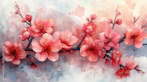 Soft pink blossoms on watercolor branches creating a dreamy and delicate atmosphere.