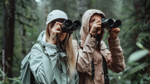 Friends exploring a forest with binoculars, birdwatching and curious, Outdoor Activities, Birdwatching © Nathakorn