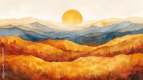 A scenic painting depicting rolling hills in golden hues with a radiant sun setting behind the mountains, creating a serene and peaceful atmosphere.