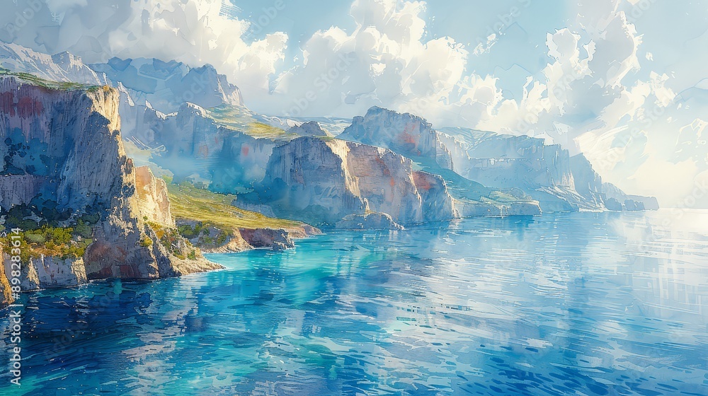 Naklejka premium Dramatic cliffs with lush vegetation meeting a calm, blue sea under a sky filled with fluffy white clouds.